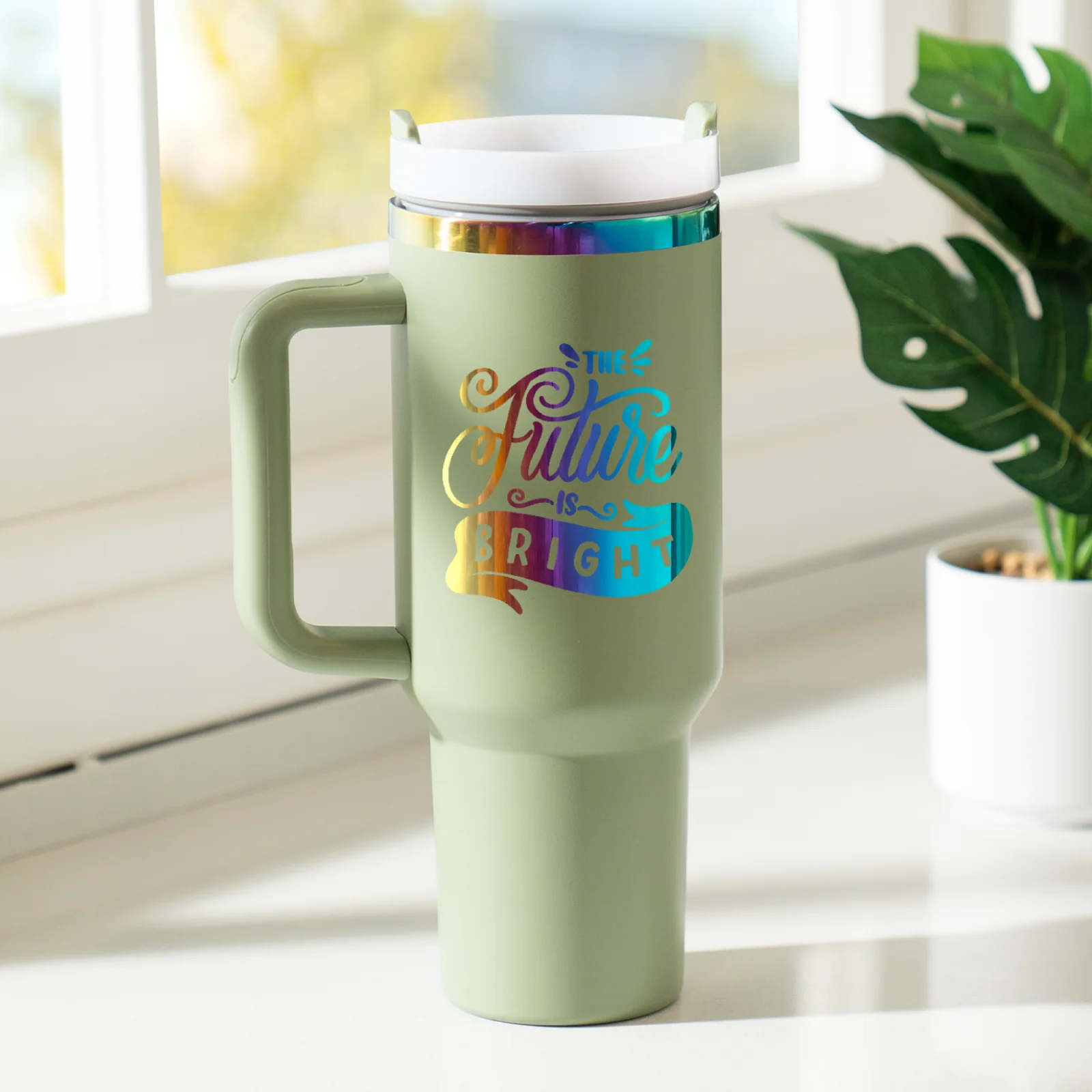 Army Green to Iridescent Stainless Steel Tumbler with Removable Handle (40oz) - Image 2