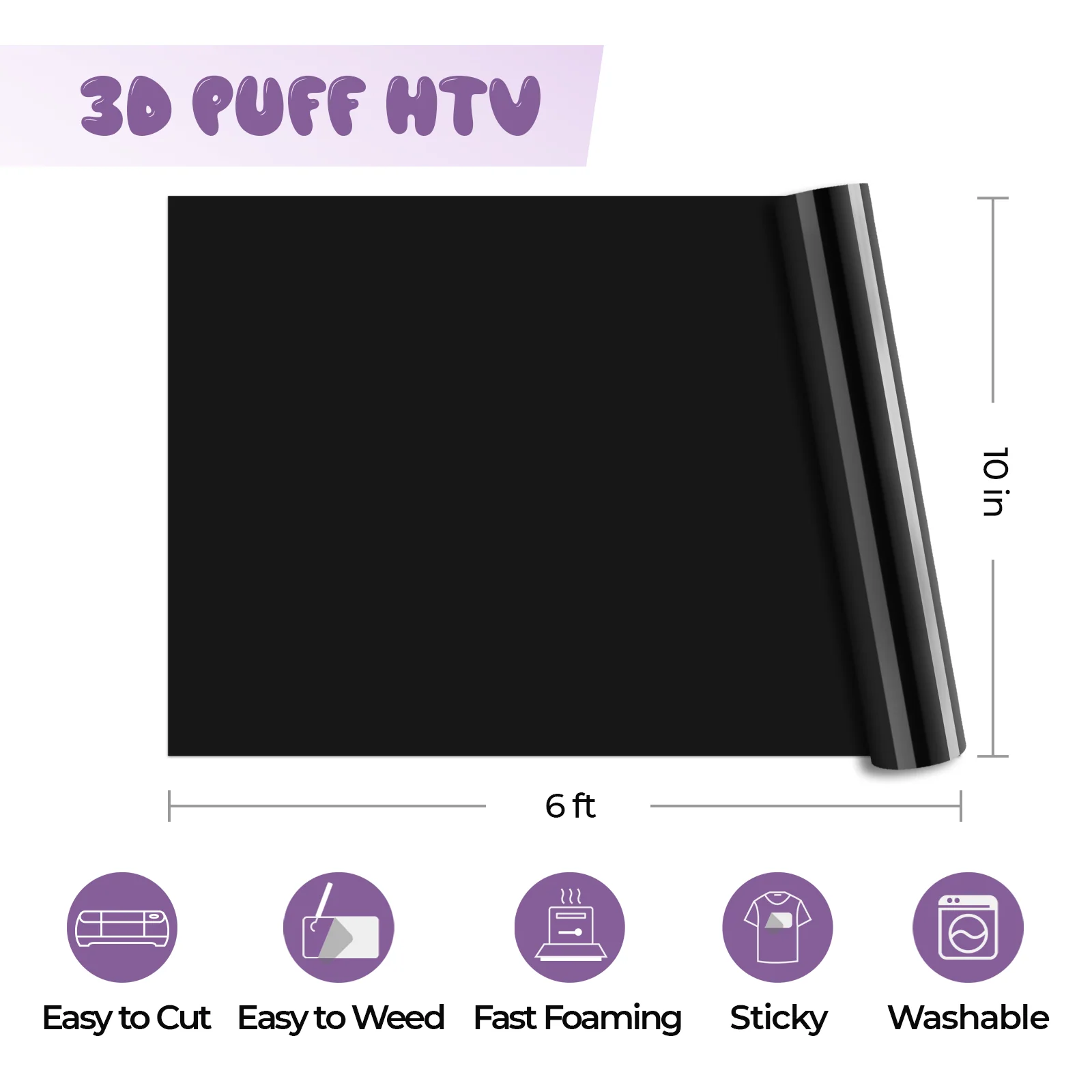 10 * 6Ft Laser-Safe Black Laser-Safe 3D Puff Vinyl Heat Transfer Vinyl Roll - Image 3