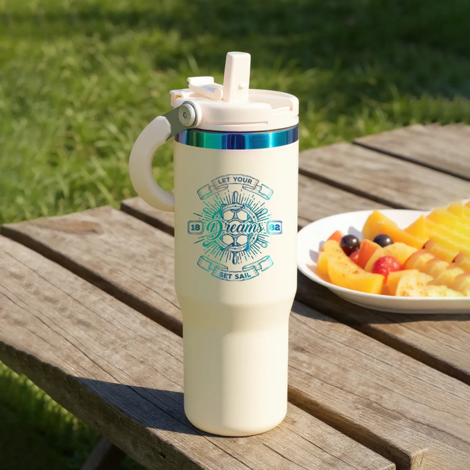 Cream White to Iridescent Stainless Steel Tumbler with Handle and Straw (30oz) - Image 2