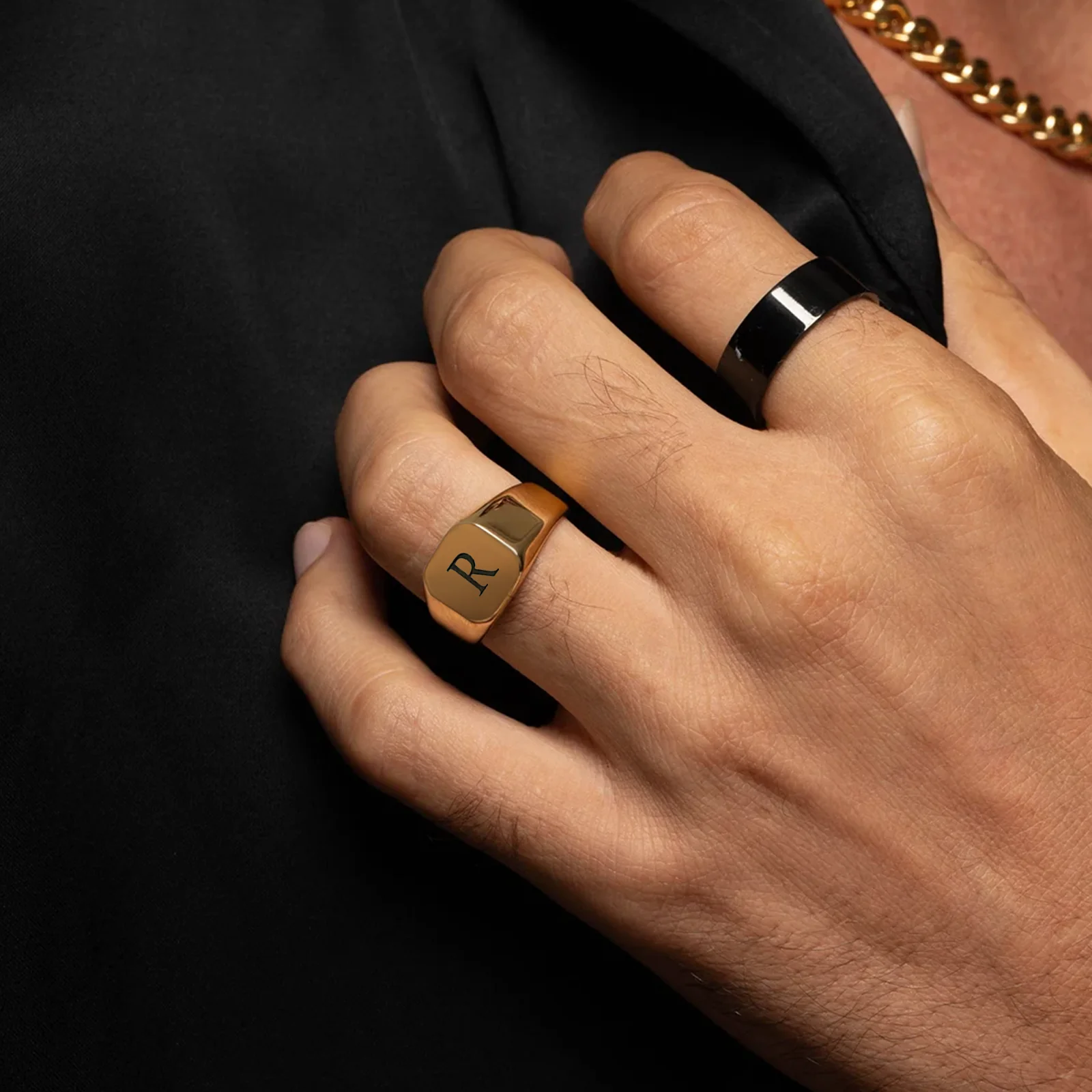 Gold Stainless Steel Square Signet Rings (3pcs) - Image 2