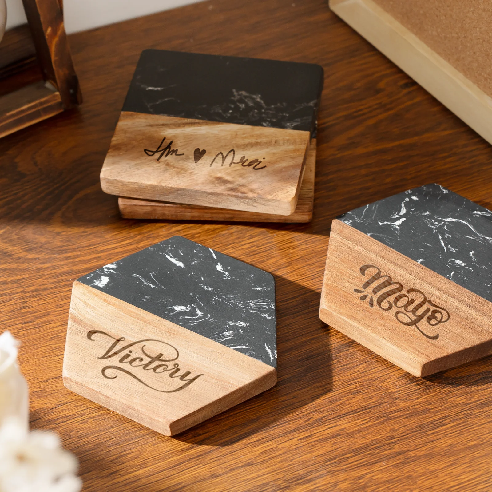 Hexagon Black Marble and Wood Coasters (4pcs) - Image 2