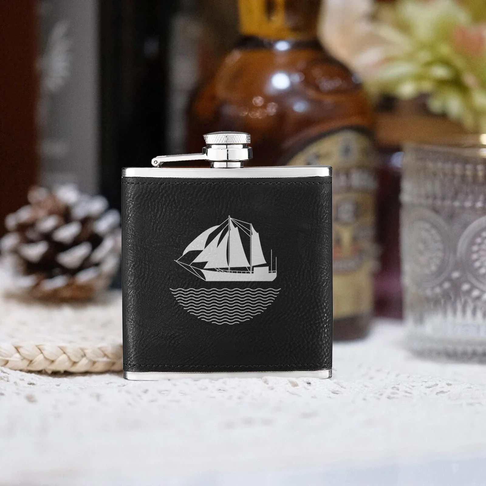 Black to Silver Laserable PU Stainless Steel Hip Flask (6oz) - Image 7
