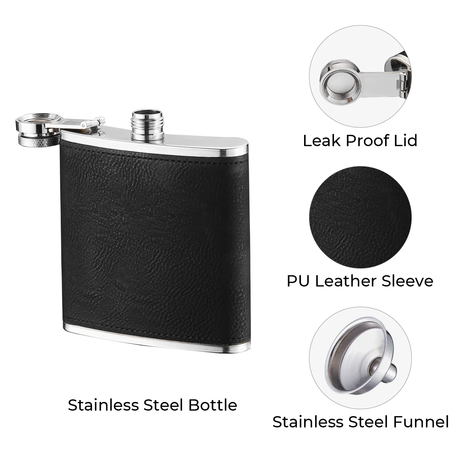 Black to Silver Laserable PU Stainless Steel Hip Flask (6oz) - Image 9