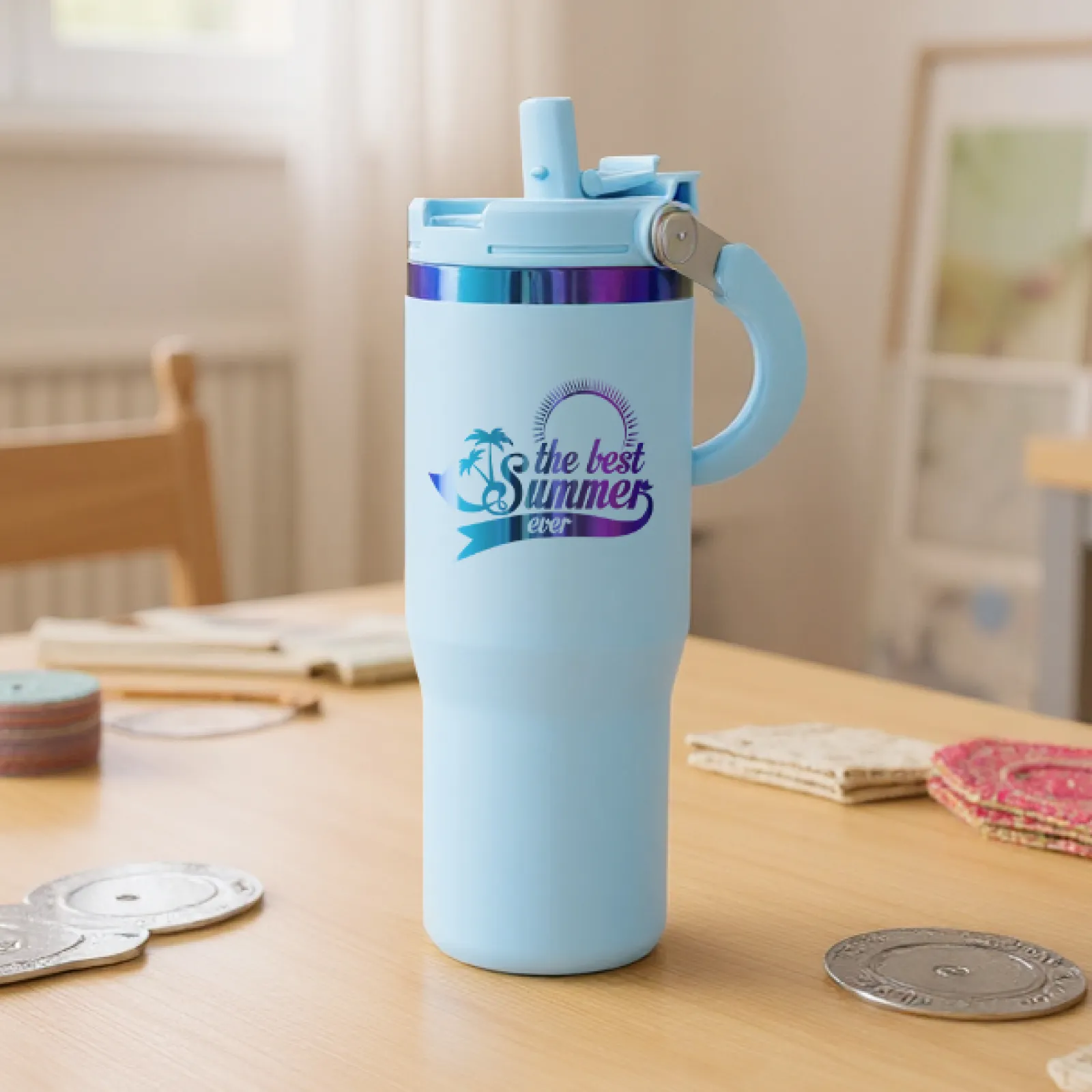 Pastel Blue to Iridescent Stainless Steel Tumbler with Handle and Straw (30oz) - Image 2