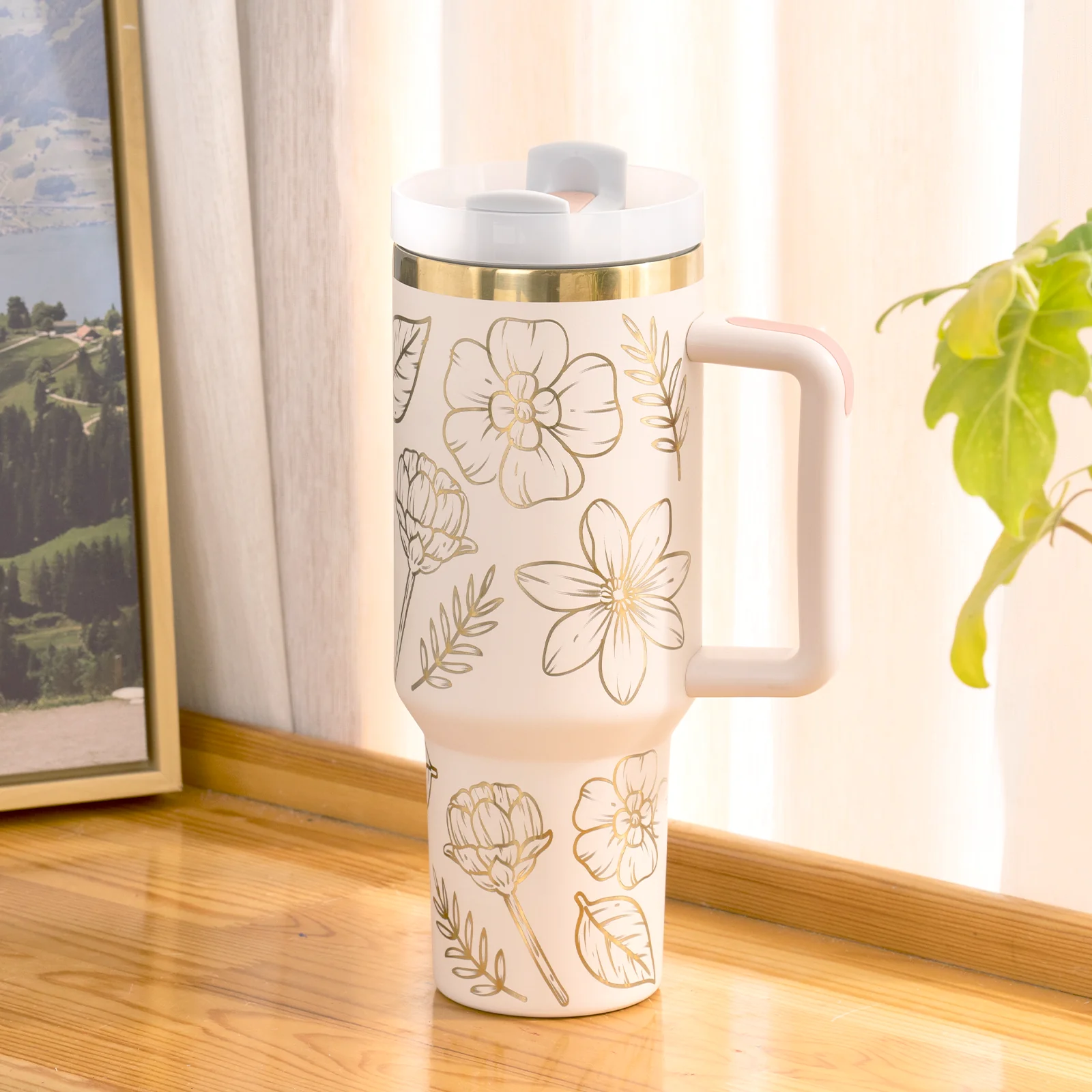 Pink to Gold Stainless Steel Tumbler with Removable Handle (40oz) - Image 2