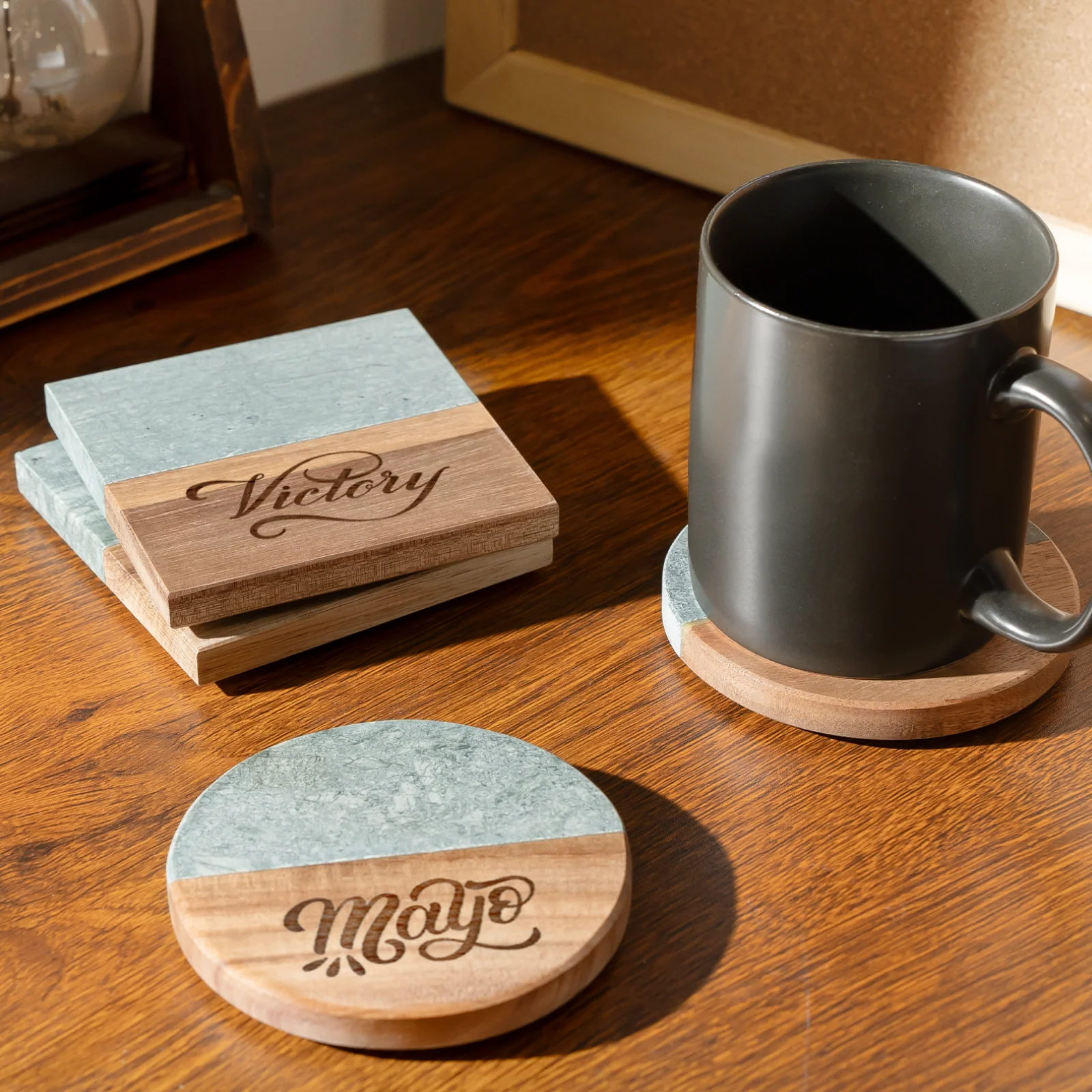 Round Dark Green Marble and Wood Coasters (4pcs) - Image 2