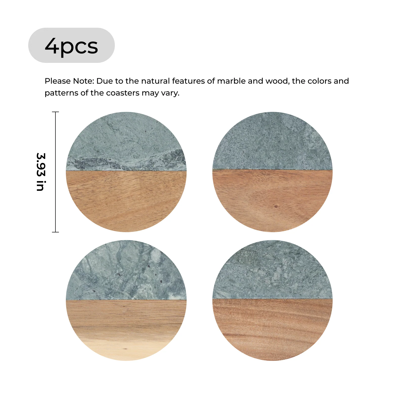 Round Dark Green Marble and Wood Coasters (4pcs) - Image 3