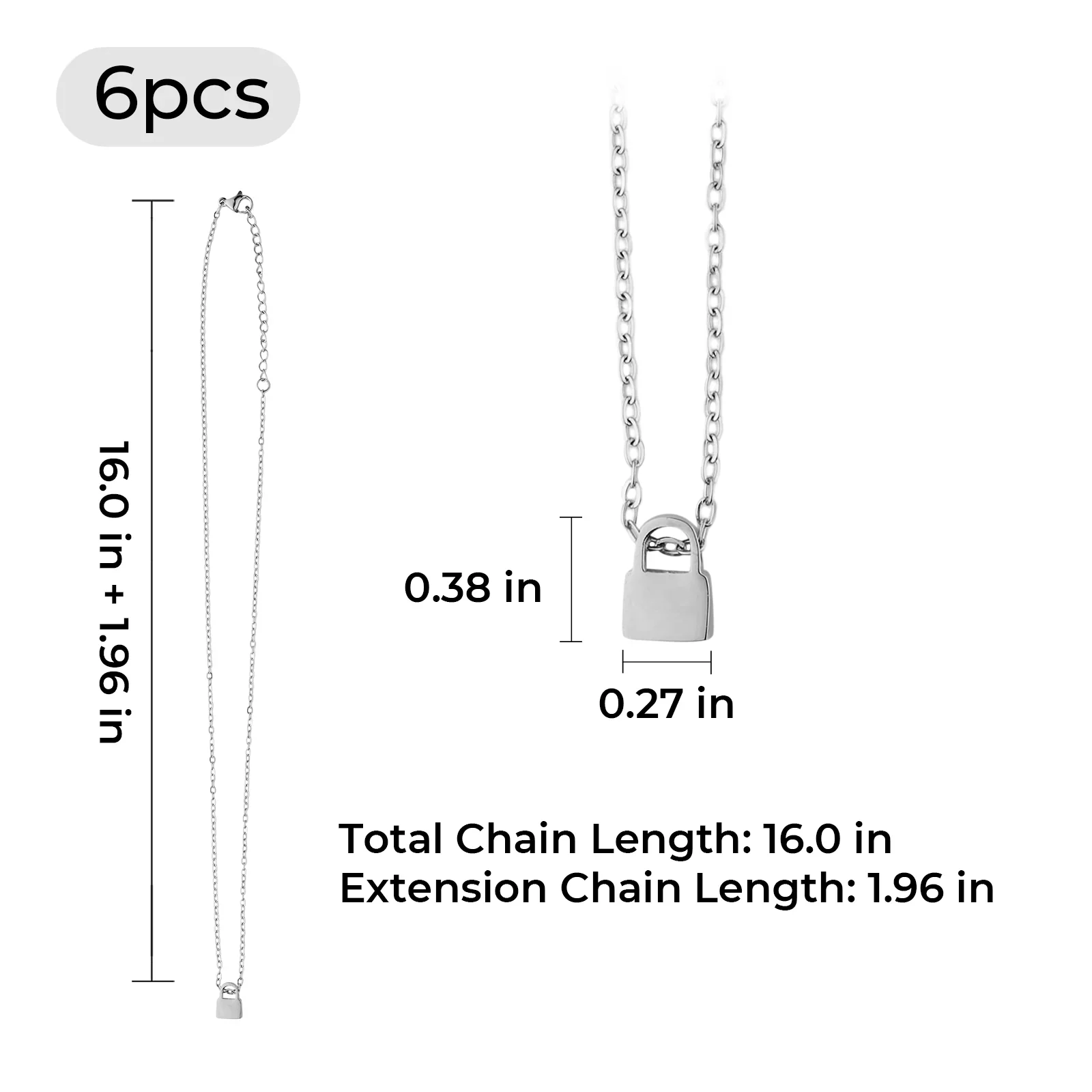 Silver Stainless Steel Lock Necklace (6pcs) - Image 3