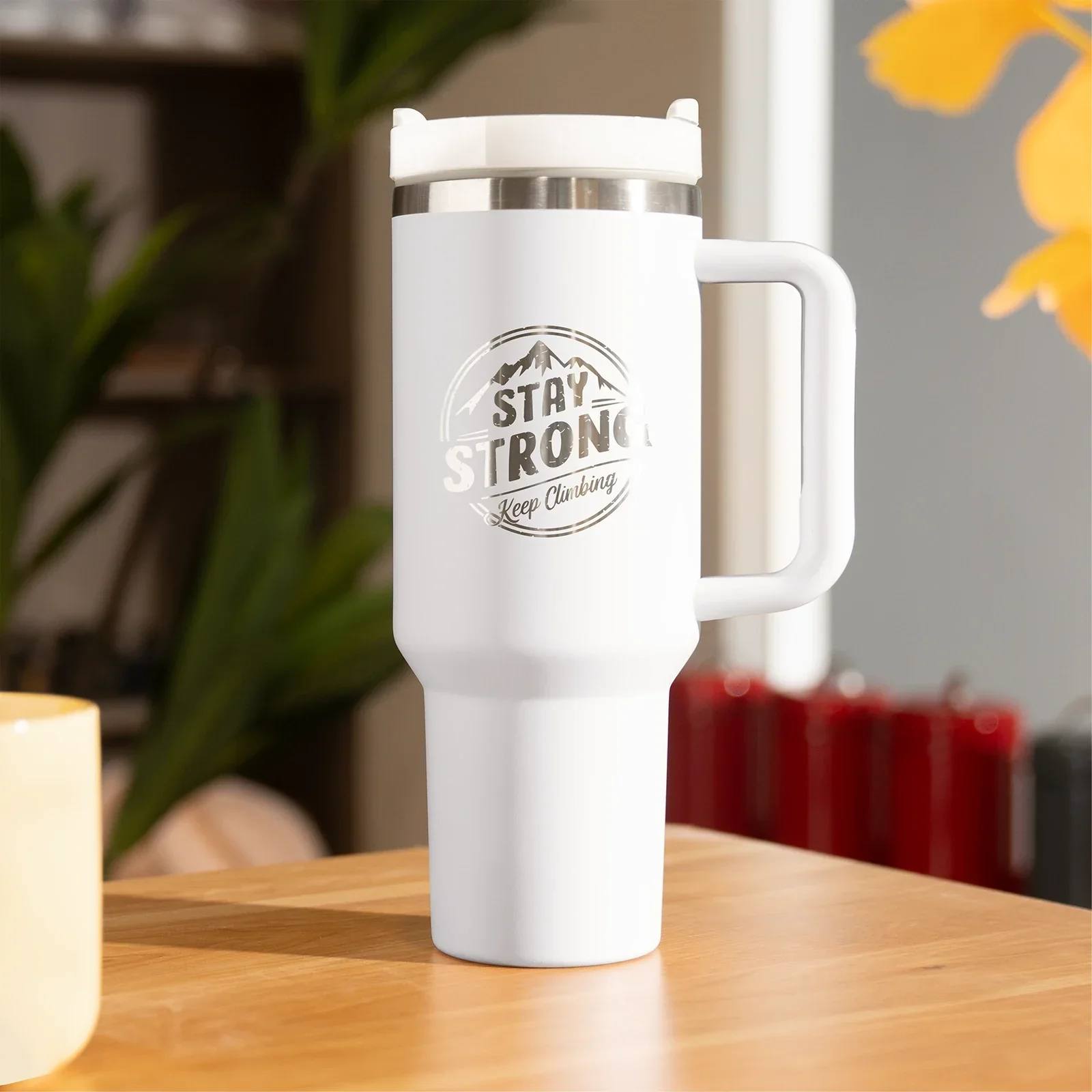 White to Silver Stainless Steel Tumbler with Removable Handle (40oz) - Image 2