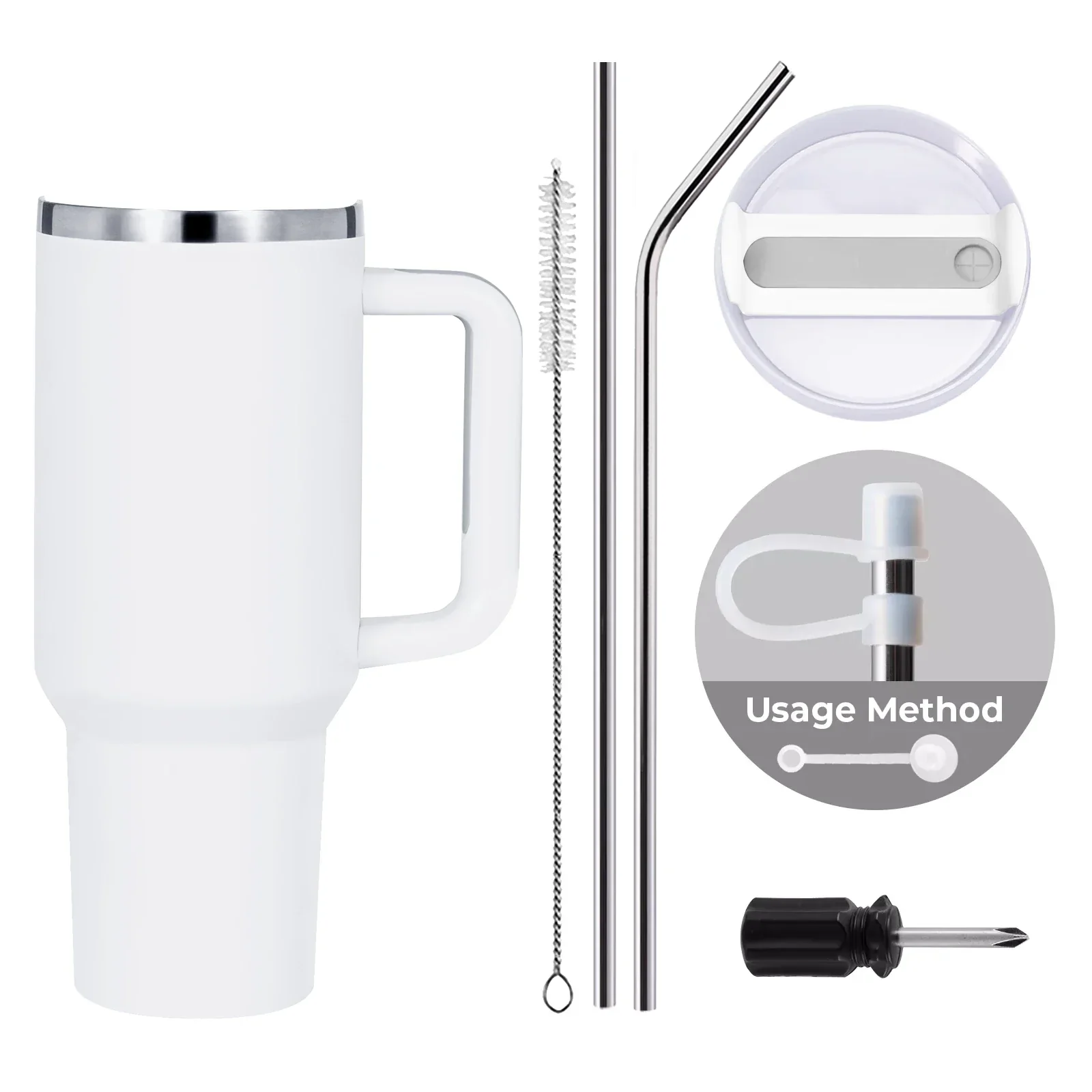 White to Silver Stainless Steel Tumbler with Removable Handle (40oz) - Image 3